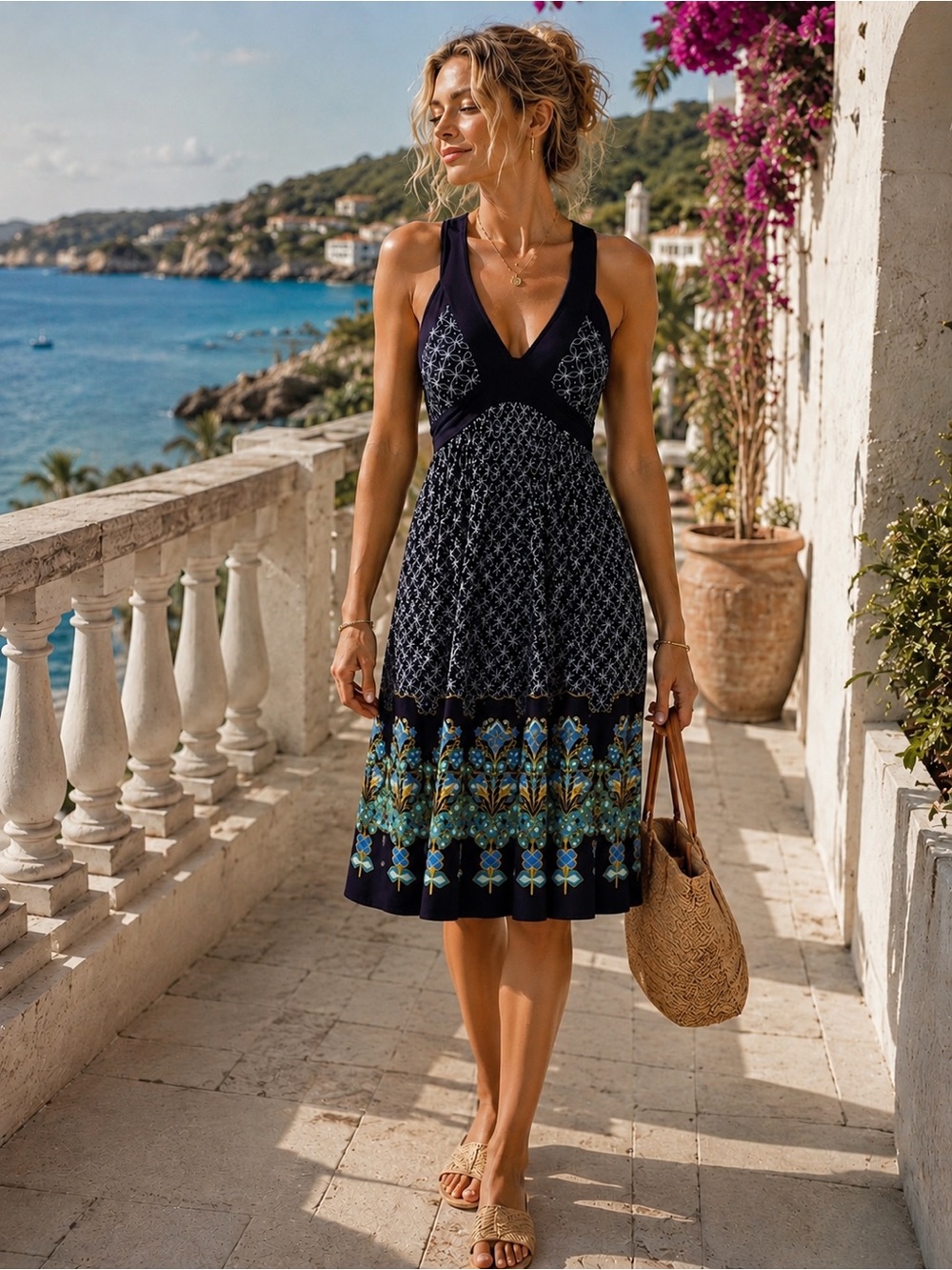 Deletta Anthropologie Cross Back Dress Blue Boho Mediterranean S Resort Cruise